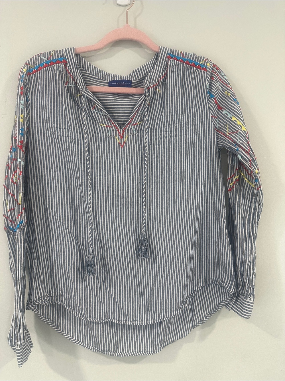 Simply styled by sears Striped Embroidered Peasant Blouse - Blue/White size M